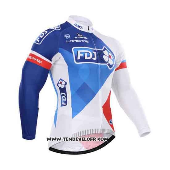 2015 Maillot Ciclismo FDJ Blanc et Bleu Manches Longues et Cuissard